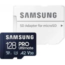 Card memorie Samsung PRO Ultimate MB-MY128SA/WW 128GB, Class 10, UHS-I U3, V30, A2 + Adaptor SD