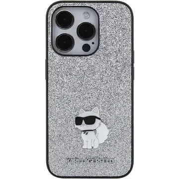 Husa Karl Lagerfeld Fixed Glitter Choupette Logo Metal Pin Case for iPhone 15 Pro Max - Silver