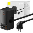 Incarcator retea tip prelungitor Baseus Power Combo, USB/USB-C, 2 prize, 65W, Lungime cablu 1.5m, Negru