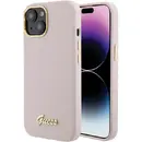 Husa Guess Silicone Script Metal Logo &amp; Frame case for iPhone 15 - pink