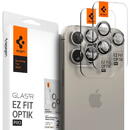Folie de protectie Camera spate Spigen EZ FIT pentru Apple iPhone 15 Pro Max / 15 Pro, Sticla Securizata, Full Glue, Set 2 bucati, Gri AGL07163