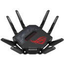 Router wireless Asus Router Gaming Wireless ROG Rapture GT-BE98, Wi-Fi 7, Quad-Band, Quad-Core 2.6GHz CPU, 256MB/2GB Flash/RAM, 10G dual-port, 2.5G quad-port, AiProtection Pro, RangeBoost Plus, AiRadar TX, VPN Fusion, multiple SSIDs, Beamforming, RGB, AiMesh, Negru