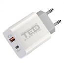 Ted Electric Alimentator (Incarcator) de la retea (230V) la 2 x USB Fast Charge : USB-A 3.0 + USB Type-C PD 18w black TED600403