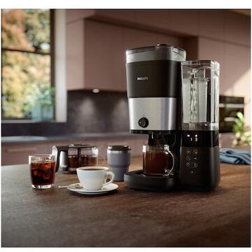 Cafetiera Cafetiera Philips HD7900/50 All-in-1 Brew, rasnita integrata, Recipient dublu pentru boabe de cafea, Filtru permanent, Functie anti-picurare, Afisaj LED,Rezervor de apa detasabil, Lingura de dozare