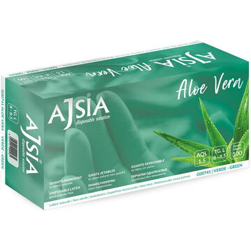 Manusi latex AJSIA Aloe Vera, unica folosinta, nepudrate, 0.16mm, 100 buc/cutie - verzi - marime M