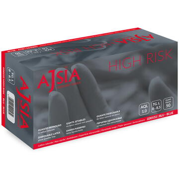 Manusi latex AJSIA High Risk, unica folosinta, nepudrate, L-30cm, 0.33mm, 50 buc/cutie-albastre- L