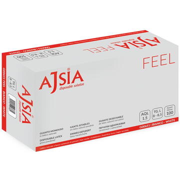 Manusi latex AJSIA Feel, unica folosinta, usor pudrate, 0.10mm, 100 buc/cutie - albe - marime L