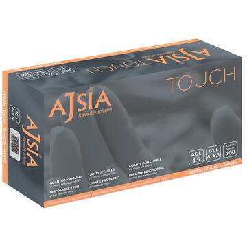 Manusi vinil AJSIA Touch, unica folosinta, nepudrate, 0.08mm, 100 buc/cutie - albe - marime XL