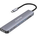 LENTION 37768 8 in 1  USB-C la 3x USB 3.0 + SD/TF + PD + USB-C + HDMI 4K60Hz Gri