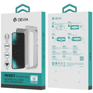 Devia Folie Sticla Van Series Full Privacy iPhone 15 Pro Max, cu kit montare Negru