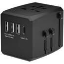 Adaptor pentru Priza PD15W, 3 x USB, Type-C, EU, UK, AUS, US - Techsuit (HHT904) - Black